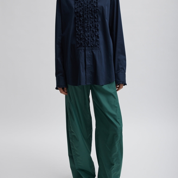 Tibi Easy Tuxedo Shirt Navy Blue Italian Cotton Nylon Poplin Ruffle Size XL - Picture 4 of 14